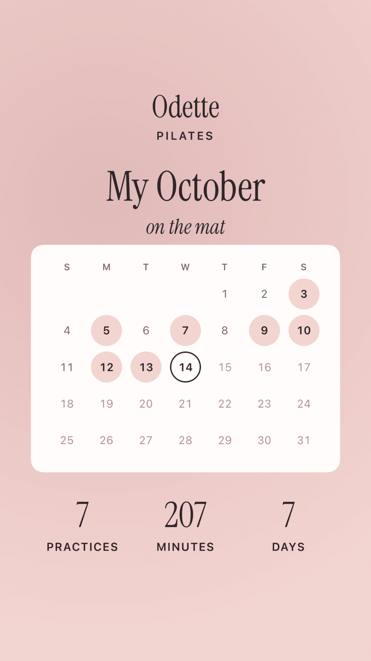 A share card in blush: My October on the mat.