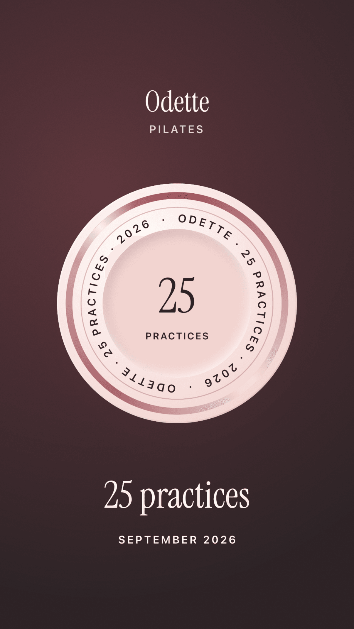 A share card in espresso: a pressed seal for 25 practices.