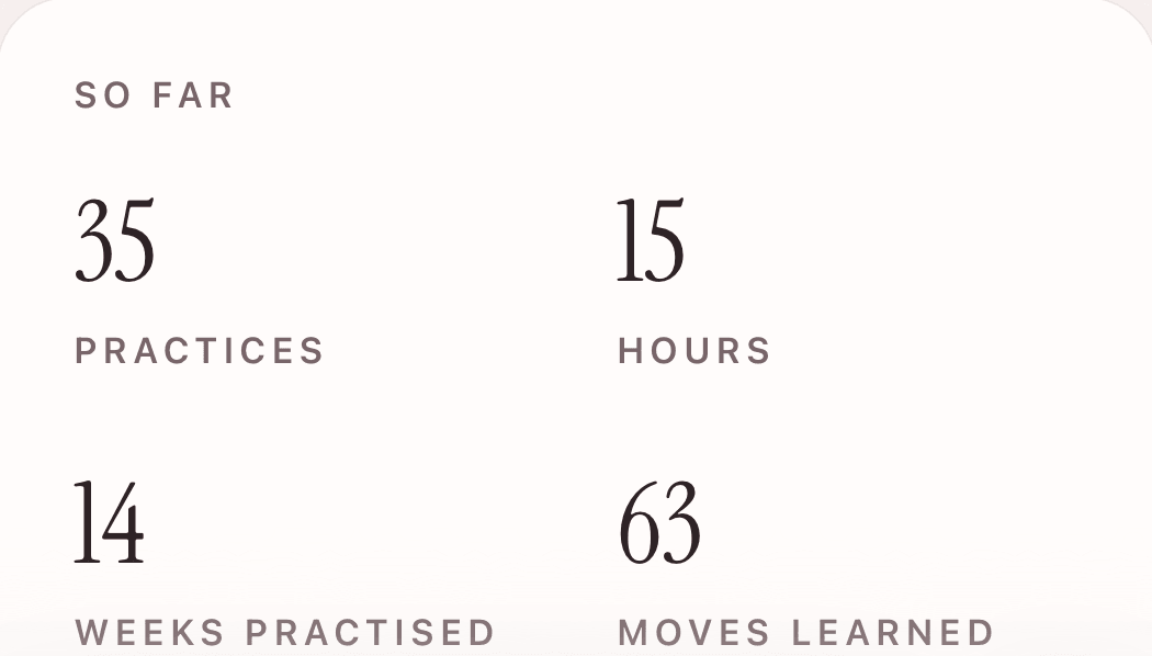 So far: 35 practices, 15 hours, 14 weeks, 63 moves learned.