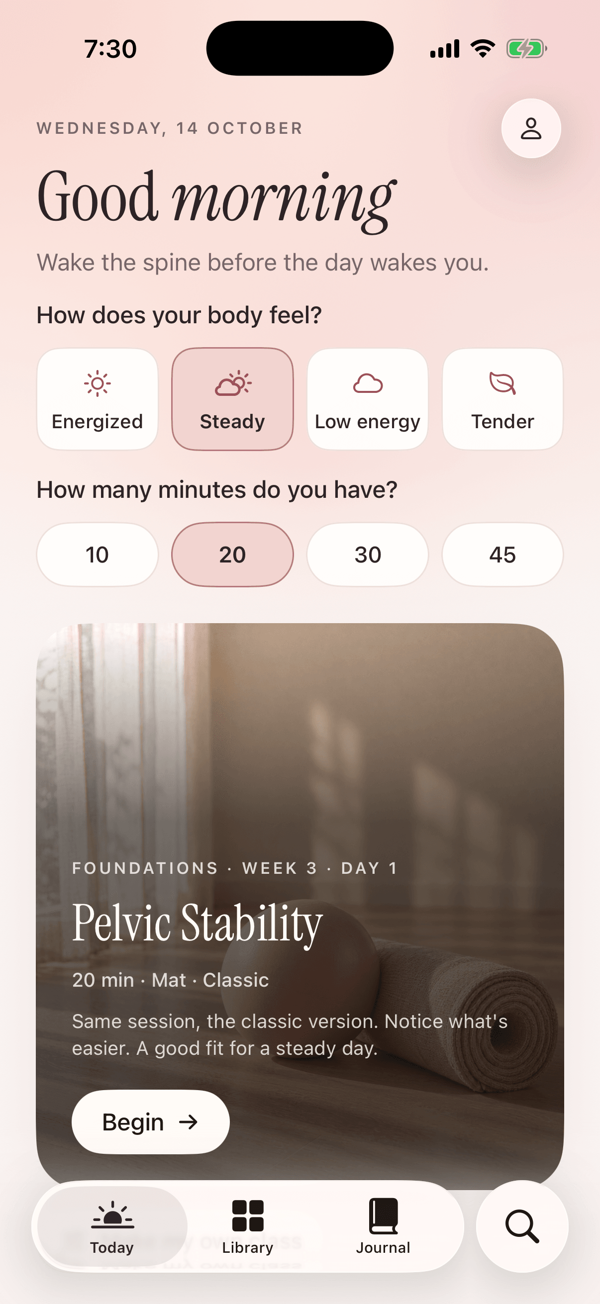 Odette's Today screen at dawn: Good morning, how your body feels, how many minutes you have, and today's class, Pelvic Stability.
